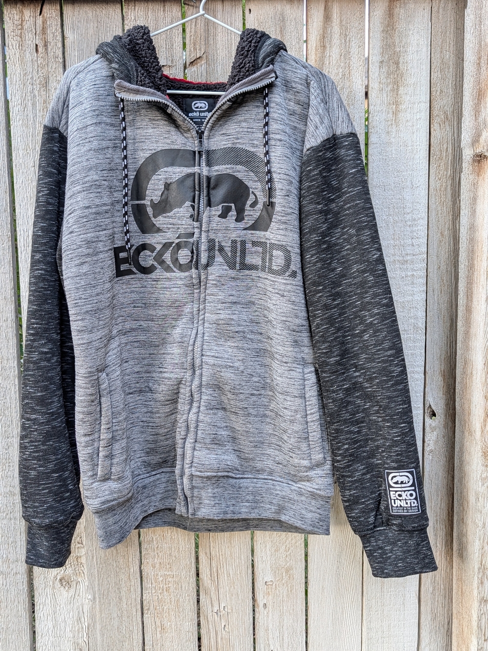 Ecko Unlimited Men’s Two-Tone Gray Zip Hoodie Rhino Logo